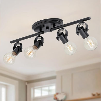 4-Light Track Lighting Fixtures Ceiling, Black Kitchen Track Lighting with Adjustable Light Head,Flush Mount Ceiling Light for Dining Room Living Room Hallway Art Wall Bathroom.