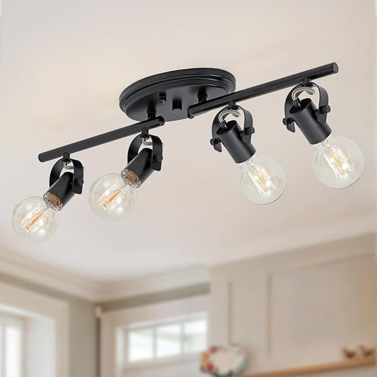 4-Light Track Lighting Fixtures Ceiling, Black Kitchen Track Lighting with Adjustable Light Head,Flush Mount Ceiling Light for Dining Room Living Room Hallway Art Wall Bathroom.