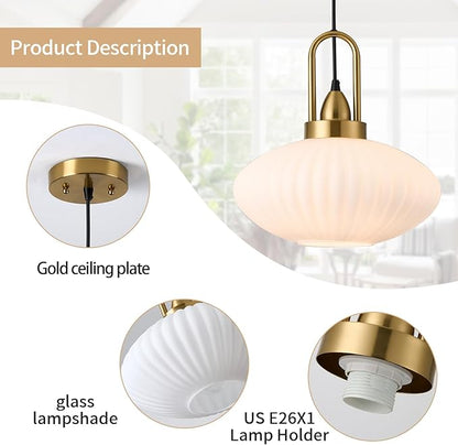 12 Inch Milk Glass Pendant Lights Vintage Chandelier Pendant Lighting Modern Mid Century Hanging Lights Adjustable Kitchen Island Light for Dining Room Bedroom Hallway