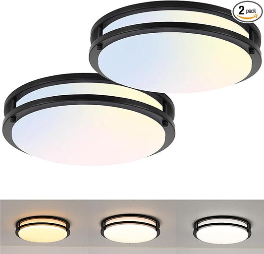 13 Inch Black Flush Mount Ceiling Light 2 Pack, 3CCT LED via Wall Switch Control, Dimmable 20W Modern Ceiling Lamp for Bathroom Bedroom Hallway Living Room