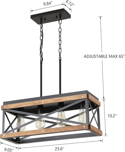 Rustic Farmhouse Wood Kitchen Island Lighting, 4 Lights Rectangular Pendant Light Fixture, Adjustable Chain Oak Wood and Metal Linear Chandelier for Dining Room Kitchen Island Farmhouse, Black