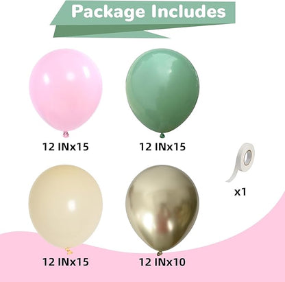 HILAVO Sage Green Pink Balloons 12 Inch Olive Green Pastel Pink Ivory Metallic Gold Latex Balloon for Boho Baby in Bloom Fairy Floral Wildflower Tea Safari Jungle Baby Shower Birthday Party Decoration