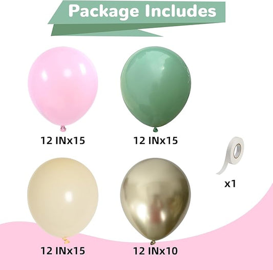 HILAVO Sage Green Pink Balloons 12 Inch Olive Green Pastel Pink Ivory Metallic Gold Latex Balloon for Boho Baby in Bloom Fairy Floral Wildflower Tea Safari Jungle Baby Shower Birthday Party Decoration
