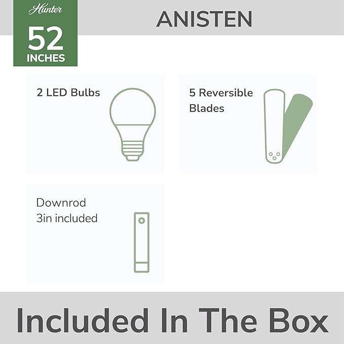 Hunter 52 inch Indoor Ceiling Fan with LED Light - White Ceiling Fan with Pull Chain, for Bedroom or Living Room, Standard Mount, No Remote, 5 Blades, Includes Bulbs - Anisten 52487, Fresh White