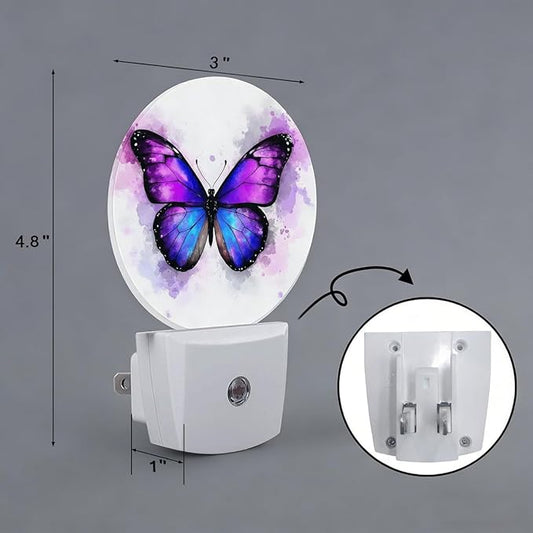 Purple Butterfly Night Light Plug Into Wall Auto Led Sleep Round Lamp for Living Room Hallway Stairs