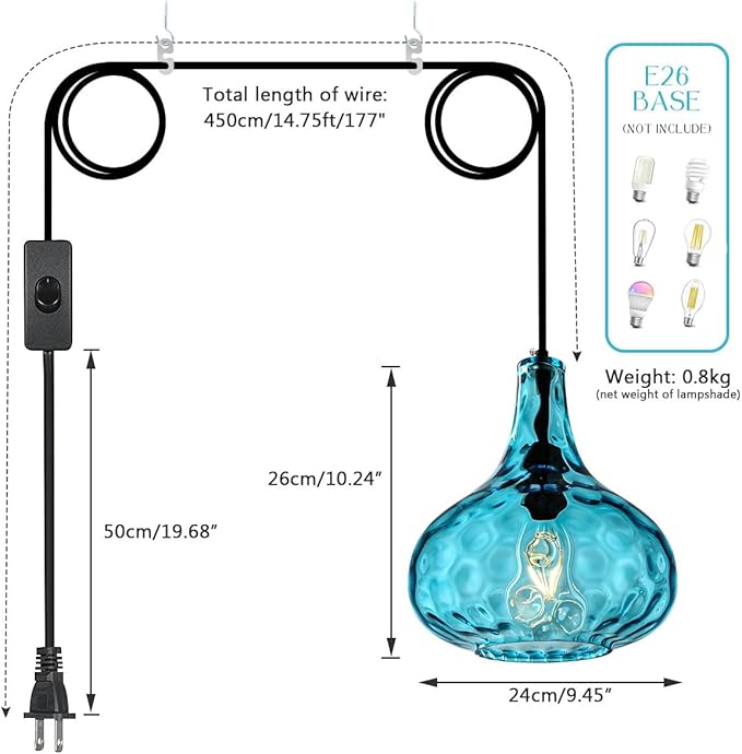 Blue Glass Plug in Pendant Light Fixture, Mid-Century Modern Pendant Lamp with 14.7 ft Cord Hammered Glass Globe Shade,Black Vintage Plug in Hanging Light for Bedroom Dining Living Room