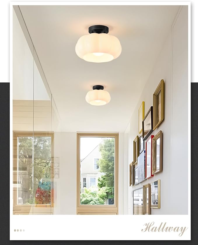Vintage Semi Flush Mount Ceiling Light,Mid Century Modern Ceiling Lights,10 Inch Milk White Glass Shade with a Black Base,for Bedroom,Kitchen,Hallway,Entryway