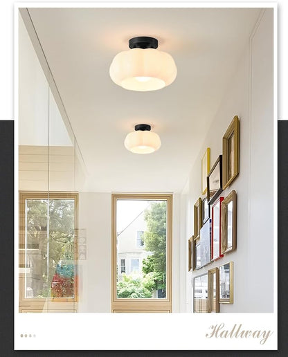Vintage Semi Flush Mount Ceiling Light,Mid Century Modern Ceiling Lights,10 Inch Milk White Glass Shade with a Black Base,for Bedroom,Kitchen,Hallway,Entryway