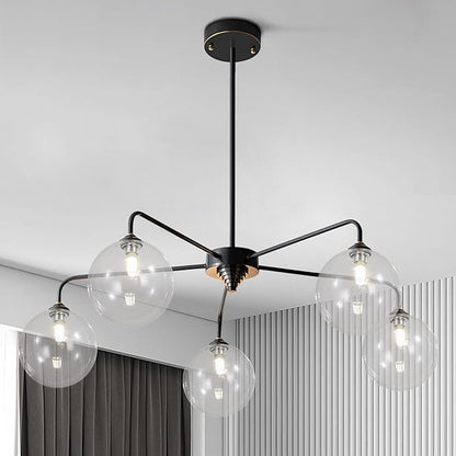 Mid Century Modern Sputnik Chandelier 5 Light Black Chandelier Clear Glass Globe Sputnik Chandelier for Dining Room Bedroom Kitchen