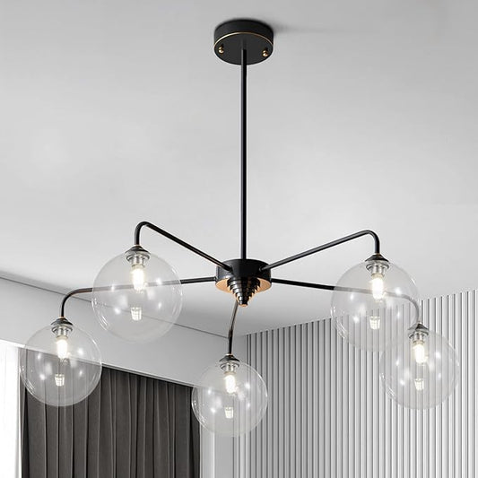 Mid Century Modern Sputnik Chandelier 5 Light Black Chandelier Clear Glass Globe Sputnik Chandelier for Dining Room Bedroom Kitchen