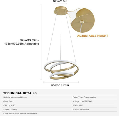 Mayful Modern Chandelier with Remote Control, 3-Color Dimmable LED Pendant Light Fixtures, Height Adjustable Kitchen Island Lighting for Dining Room,Bedroom,Living Room,Foyer,Office Gold 13.78 inches