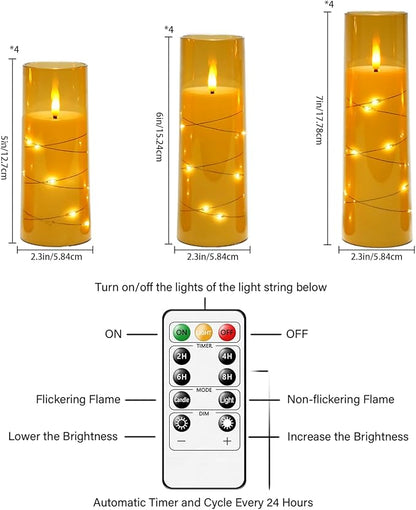 Sasigeiaa Flameless Candles with Embedded Star String - Battery Operated LED Candles, with Remote,12 Gold Flickering Candles for Christmas, Weddings, Home Decor & Party,(D 2.3"×H 5" 6" 7")