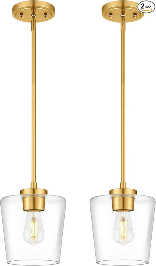 2-Pack Pendant Lights Kitchen Island, 8" Brushed Gold Hanging Lights Fixtures with Clear Glass Shade, Modern Kitchen Pendant Lighting Over Island for Dining Room, AD-22004-1P2L-GD-C