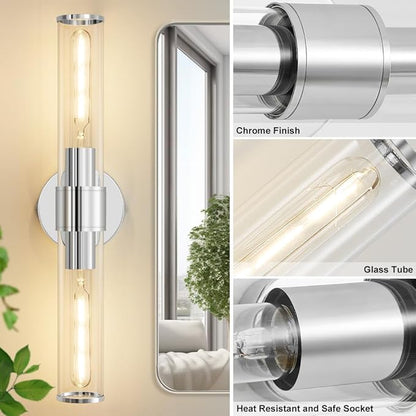 Chrome Wall Sconce, Bathroom Light Fixtures in Clear Glass Indoor Wall Sconces, Modern Sconce Wall Lighting Up and Down Vanity Lights Fixtures for Bathroom,Living Room - Bulb Not Included