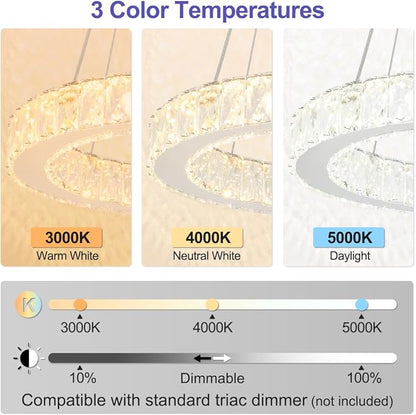 LED Chandelier, Modern Crystal Chandeliers, 17’’ Pendant Light 3/4/5000K Dimmable, Adjustable Height Ceiling Light Fixture for Dining Room, Stairwell, Entryway, Bedroom, ETL Listed