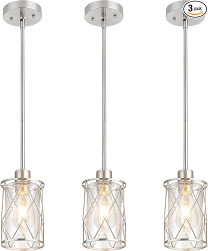 Refice Glass Pendant Lights Kitchen Island, Brushed Nickel Kitchen Hanging Light with Clear Glass, Farmhouse Cage Mini Pendant Lighting for Sink Dining Room Bedroom Bar, 3 Pack