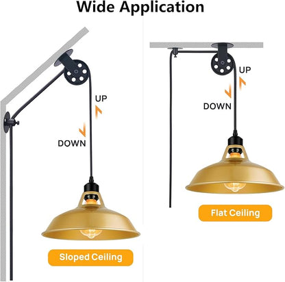 Lomoky Plug in Pendant Light, Vintage Hanging Lamps with Gold Barn Shade Pendant Lighting with 14.76ft Cord On/Off Switch, Adjustable Pulley Hanging Lights for Kitchen, Bedroom, Living Room (1 Pack)