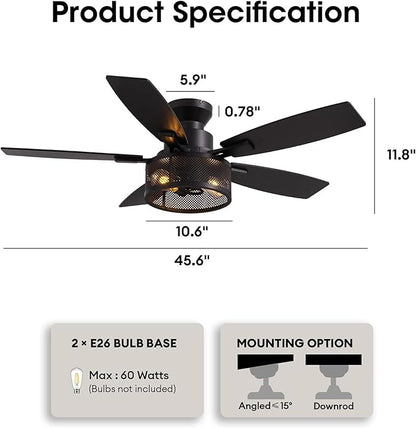 Ceiling Fans with Lights and Remote Control, Ceiling Fan for Bedroom Living Room (Flush Mount 46 in)
