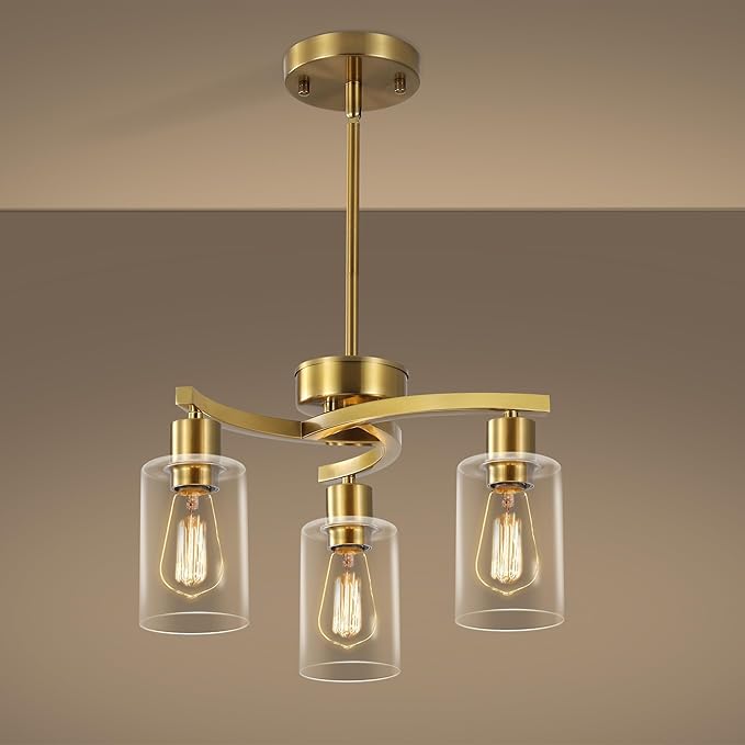 CNRATYE 3-Light Gold Dining Room Chandeliers Over Table, Contemporary Kitchen Island Pendant Lighting, Industrial Hanging Light Fixture for Entryway Hallway Foyer Bedroom, Clear Glass Shade