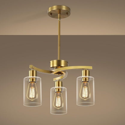 CNRATYE 3-Light Gold Dining Room Chandeliers Over Table, Contemporary Kitchen Island Pendant Lighting, Industrial Hanging Light Fixture for Entryway Hallway Foyer Bedroom, Clear Glass Shade