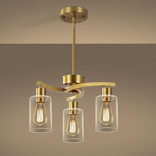 CNRATYE 3-Light Gold Dining Room Chandeliers Over Table, Contemporary Kitchen Island Pendant Lighting, Industrial Hanging Light Fixture for Entryway Hallway Foyer Bedroom, Clear Glass Shade