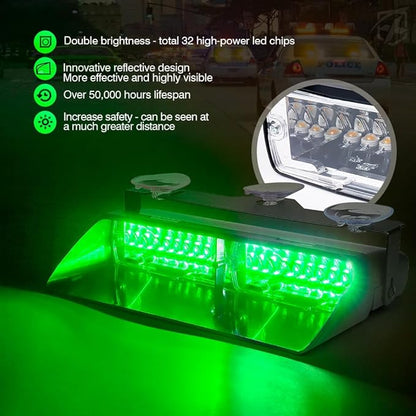 Xprite 2×11 inch High Intensity Green 32 LED Emergency Strobe Dash Lights, Interior Windshield Flashing Light w/Suction Cups for Postal Law Enforcement Volunteer POV Vehicles Trucks