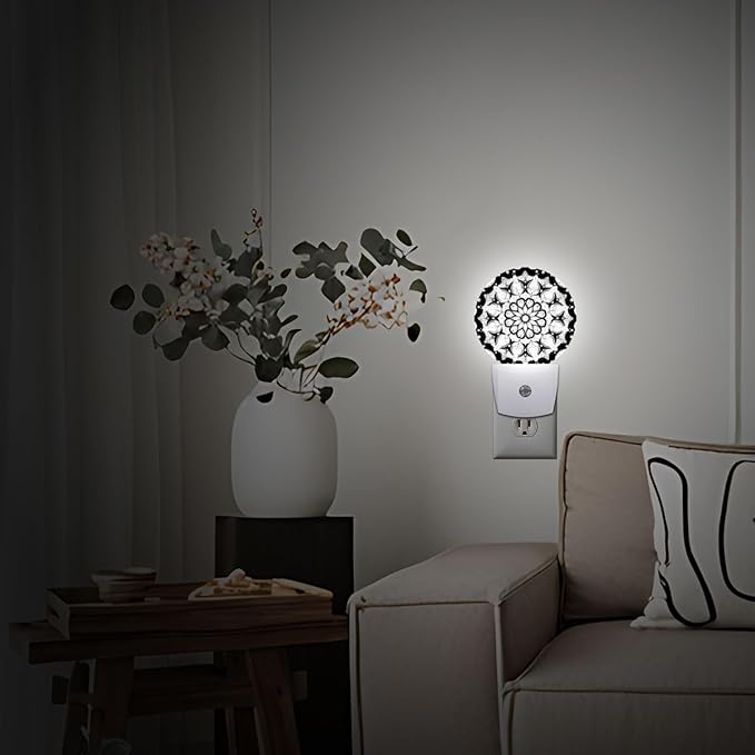 Black White Mandala Night Light Plug-in Sleep Lamp Led Dusk to Dawn Night Light for Bedroom