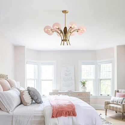 BOKT 8 Pink Ceiling Light Fixture Large Sputnik Vintage Gold Farmhouse Chandelier Rustic Lighting Glass Globe Pendant Lights for Dining Bedroom Living and Girls Room G9 Bulb Included