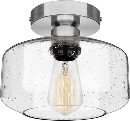 SunRider Semi Flush Mount Ceiling Light Fixtures, Brushed Nickel Industrial Seeded Glass Lamp, Silver Ceiling Light for Kitchen Hallway Porch Bedroom