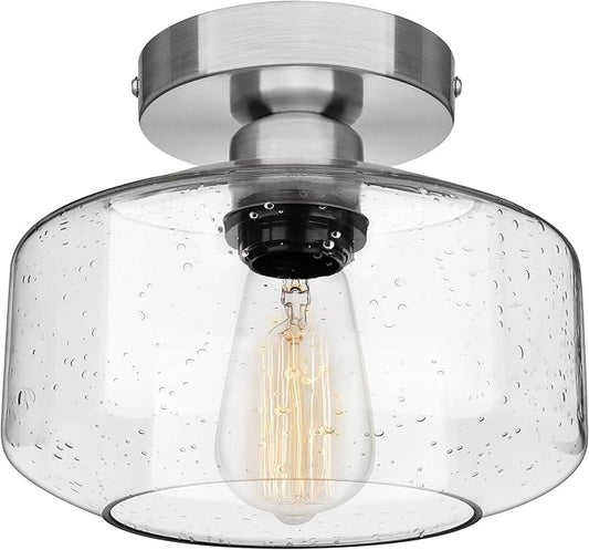SunRider Semi Flush Mount Ceiling Light Fixtures, Brushed Nickel Industrial Seeded Glass Lamp, Silver Ceiling Light for Kitchen Hallway Porch Bedroom
