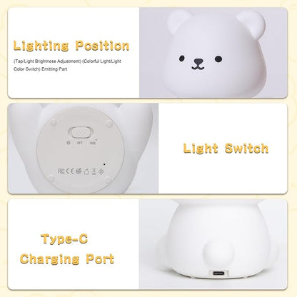 YuanDian Cute Bear Night Light for Kids, Decorate Kids' Bedroom with Silicone Bear Nightlights with 8 Color Lights, Christmas Birthday Gift for Children Toddlers Teens Adults Babies