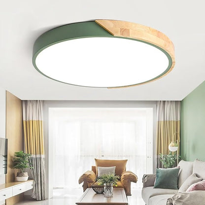 LED Ceiling Light Fixture,16 Inch Modern Wood Recessed Ceiling Lights, Dimmable Light,Green 24W Close to Ceiling Lighting Flush Mount Living Room Bedroom,3000K-6000K
