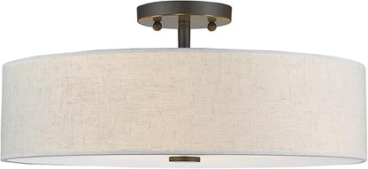 Livex Lighting 52136-92 Meridian Collection 4-Light Transitional Ceiling Mount Fixture with Oatmeal Color Fabric Hardback Shade, English Bronze