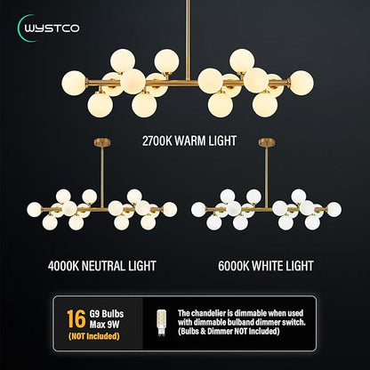 16-Light Globe Sputnik Chandelier, Mid Century Modern Dining Light Fixture Over Table, Brass Gold Linear Chandeliers for Dining Room, Kitchen Island, Living (Milk White Glass Bubble, 40 Inch)