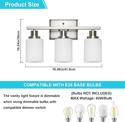Ascher Bathroom Light Fixtures, 3-Light Vanity Light Over Mirror, Modern Brushed Nickel Wall Sconces with Milky White Shades, Wall Lamp for Kitchen Hallway Cabinet Porch E26 Base