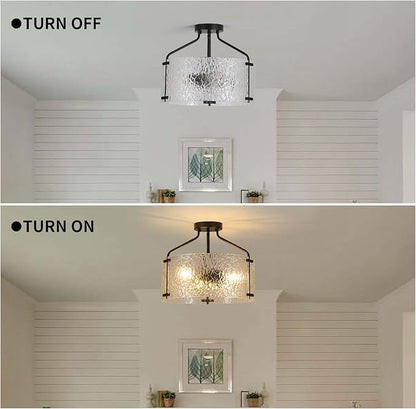Semi Flush Mount Ceiling Light Fixture 16''Glass Chandelier Kitchen Lighting Fixtures Ceiling 3-Light Black Chandelier Hallway Light Fixture for Foyer Porch Bedroom Laundry Room