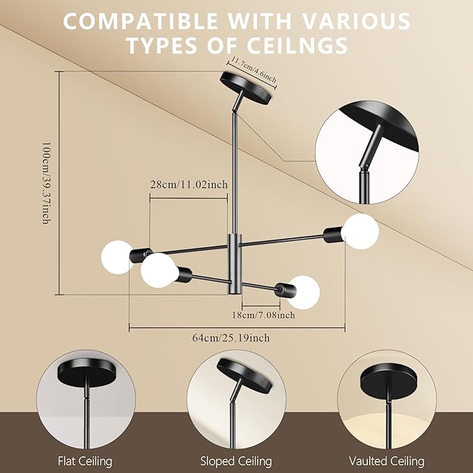 Modern Sputnik Chandelier 4-Light Black, Mid Century Chandelier for Living Room, Kitchen, Dining Room, Bedroom,Foyer - Height Adjustable (Bulbs Not Included)