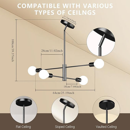 Modern Sputnik Chandelier 4-Light Black, Mid Century Chandelier for Living Room, Kitchen, Dining Room, Bedroom,Foyer - Height Adjustable (Bulbs Not Included)
