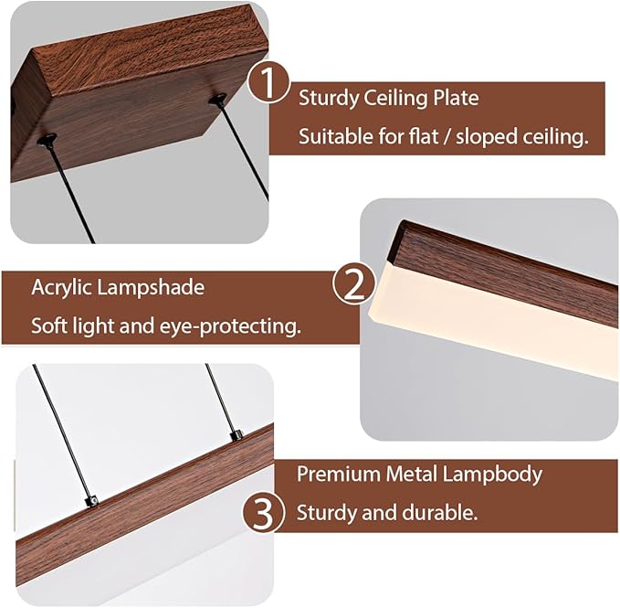 39" Modern Linear Pendant Light Dimmable LED Ceiling Hanging Light Fixtures Woodgrain Linear Chandelier with Adjustable Height for Kitchen Island Dining Room 3000K