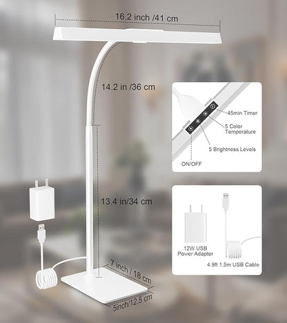 Desk Lamp for Home Office with Base, Eye-Caring Desk Light with Adjustable Gooseneck, 12W USB Adapter Touch Control 5 Dimmable Brightness & Color Tall Lamp for Work, Computer, Study, Task