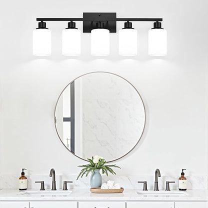 Indoi 5-Light Black Bathroom Vanity Light Fixture with Milky White Frosted Glass Shades, Bathroom Light Fixture for Mirror, Matte Finish, Reversible Up/Down Lighting for Bedroom, Living Room, Hallway