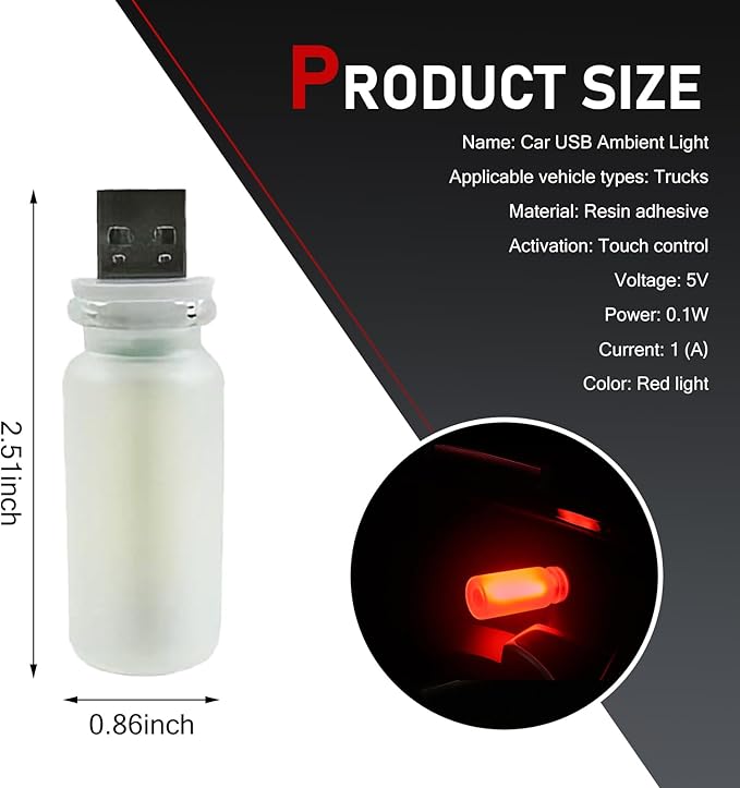 Car USB Atmosphere Lamp, 5V Touch Control Frosted Retro Bottle Interior Ambient Lights, Portable Plug-in LED Bulb Night Lights, Universal Decoration Lamps for Cars, Bedrooms (Red)
