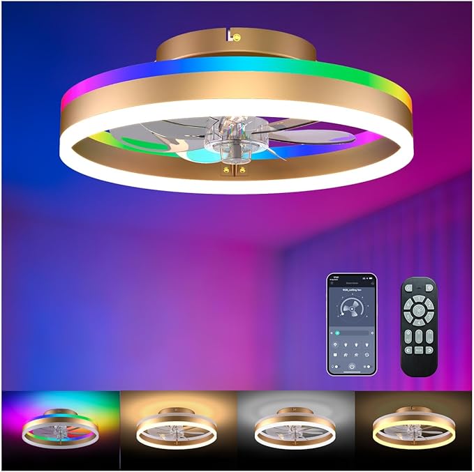 RGB Ceiling Fan with Lights, Low Profile Ceiling Fans with Lights and Remote, Flush Mount LED Fan Light, Modern Bladeless Fandelier for Bedroom Works with APP, 16IN Gold