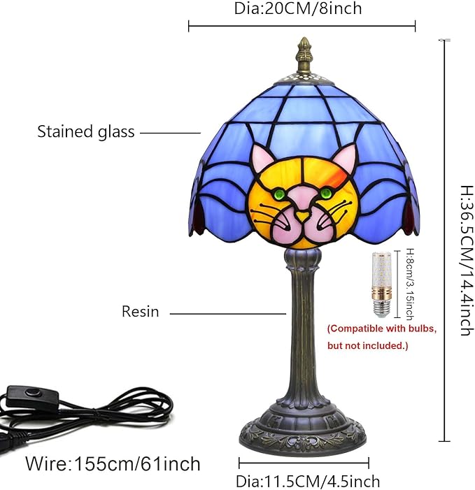 Stained Glass Table Lamp 8 Inch Orange Warm Ambient Lighting Bedroom Small Nightstand Dorm Cafe Office Corner Vintage Home Decoration Table Lamp Blue Cute Cat Lamp