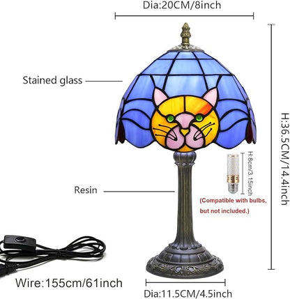 Stained Glass Table Lamp 8 Inch Orange Warm Ambient Lighting Bedroom Small Nightstand Dorm Cafe Office Corner Vintage Home Decoration Table Lamp Blue Cute Cat Lamp