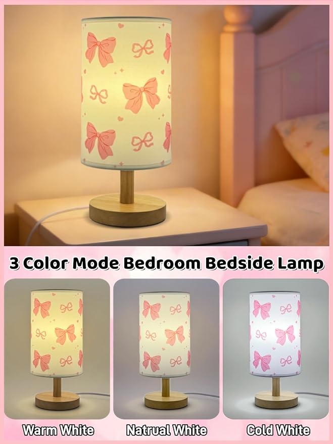 Pink Bow Table Lamp, Girls for Bedroom Bedside Lamp, 3-Way Dimmable Nightstand Night Light with Linen Fabric Shade Solid Wood Base for Kids Room Home Office or Living Decor, Birthday Gifts for Girls
