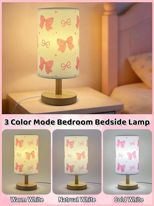 Pink Bow Table Lamp, Girls for Bedroom Bedside Lamp, 3-Way Dimmable Nightstand Night Light with Linen Fabric Shade Solid Wood Base for Kids Room Home Office or Living Decor, Birthday Gifts for Girls