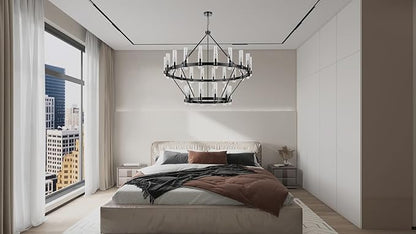 60 Inch Black Wagon Wheel Chandelier 2 Tier with Glass Shade, 30 Lights, Modern Farmhouse Style, Ideal for Dining Room, Kitchen, Entryways