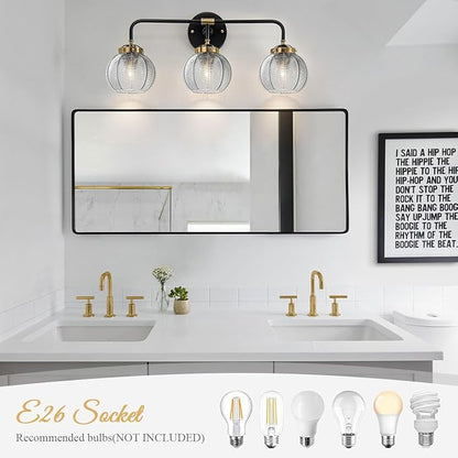 Black Bathroom Light Fixtures 3-Lights Vintage Vanity Wall Sconce Over Mirror with Ribbed Smoky Gray Globe Shade Mid Century Modern Lights Fixture Art Deco Farmhouse Vanity Lighting