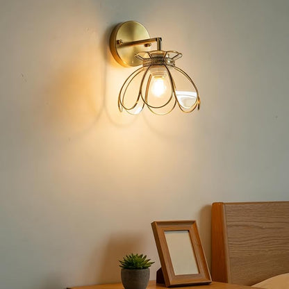 Vintage Brass Ceiling Pendant Light with Stained Lotus Flower Clear Glass Shade, Oriental Hanging Lamp or Wall Sconces Dual-Purpose, for Kitchen Island Dining Room Bedroom Living Room-7.9" Shade